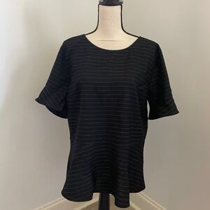 LOFT Black Work Blouse size 14 Short Flutter Sleeve Pinstripe Peplum Office Top